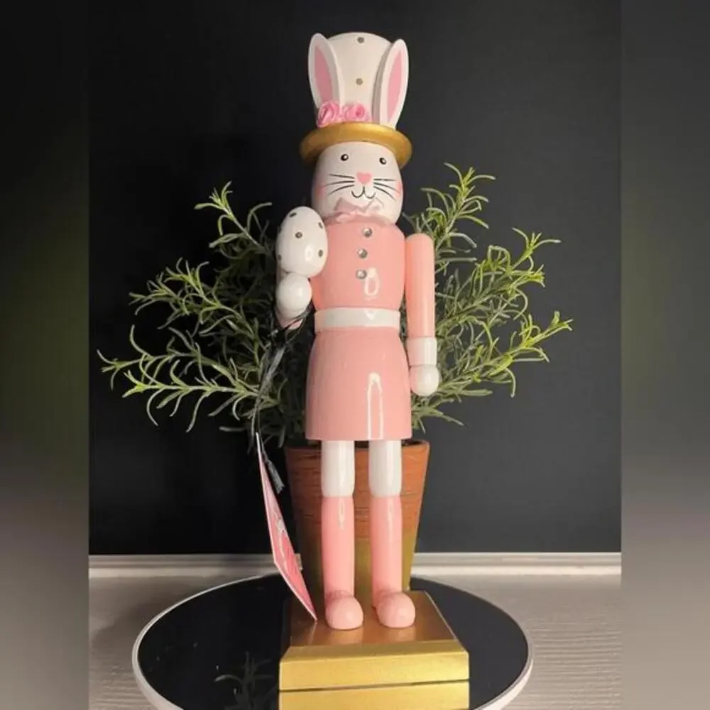 Wooden 13.5” Pink Easter Bunny Rabbit Nutcracker With Egg NWT